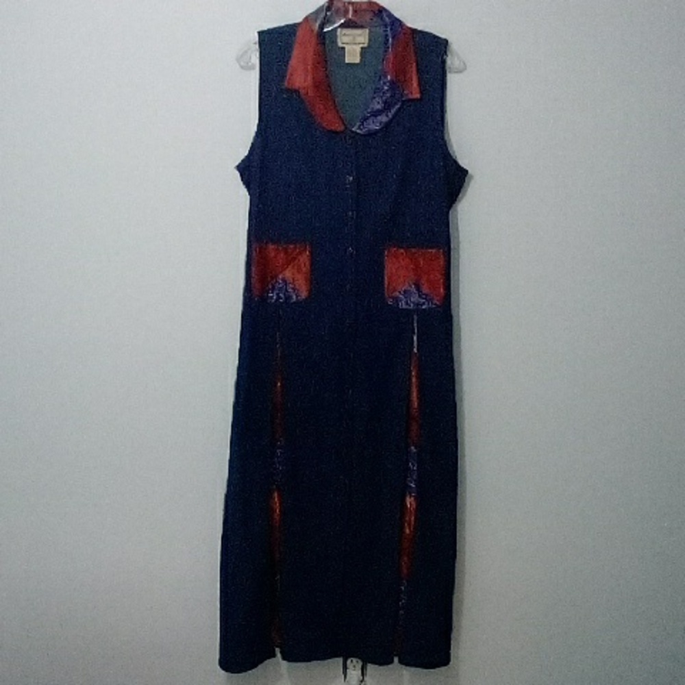 Vintage April Cornell Denim Silk Patchwork Sleeveless Button Down Maxi Dress
